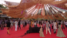 Festival tent draped in red